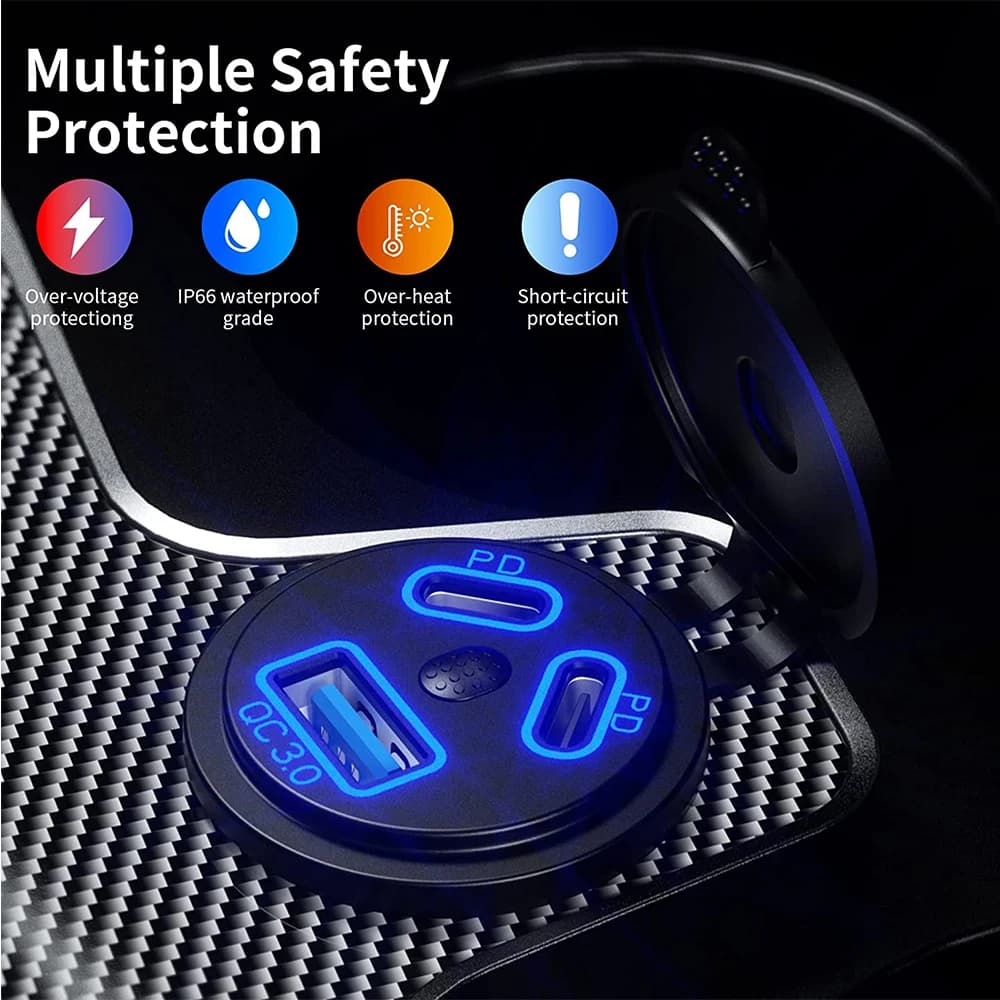 12V/24V USB Outlet 108W 3 Ports Car Charger Socket Dual 45W PD Type C & 18W QC 3.0 Motorcycle Socket Power Outlet Charge Adapter — view 3