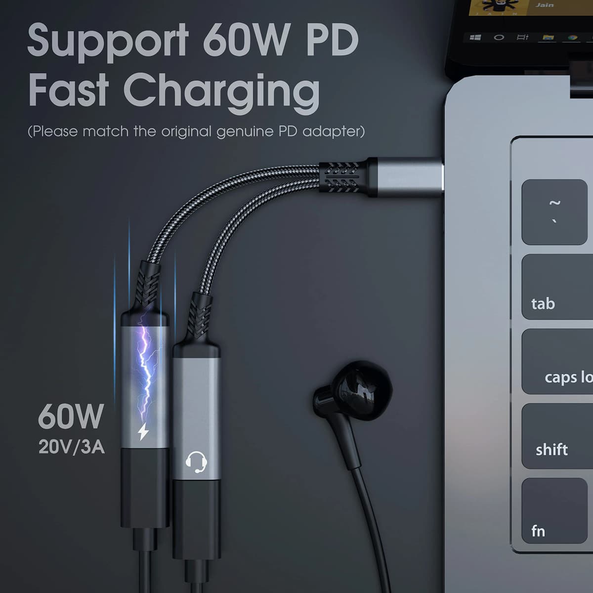 OTG 2 IN 1 USB C Splitter to Dual Type USB C Headphone Jack Audio Adapter PD 60W Fast Charger for Samsung Huawei iPhone15 Xiaomi — view 2