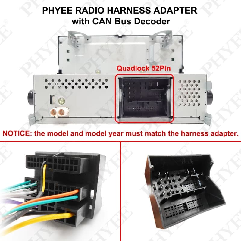 MQB Quadlock 52 Pin CAN Bus Decoder Wiring Harness, SWC Support, Plug & Play 16Pin Android Radio Adapter for VW Golf 7 Passat B8 — view 2