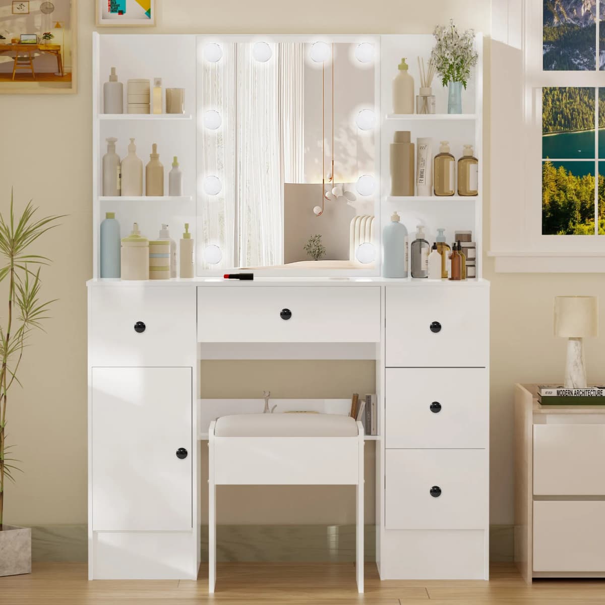 White Modern Vanity Set, LED Lighted Mirror, 3 Color Dimmable, 5 Drawers & Stool, Bedroom Dresser — view 5