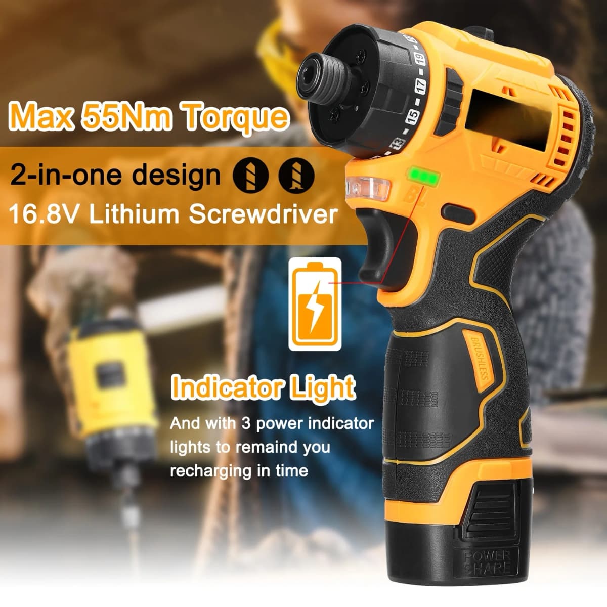 16.8V Lithium Screwdriver 1500rpm 55Nm 2 batteries Torque Multifunctional Repairing Tool Kit Electric Screw Driver — view 6