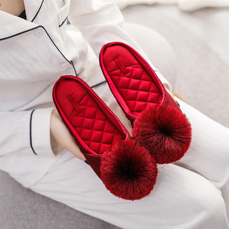 Women Satin Home Slippers With Plush Ball Cat Non-Slip Soft Warm House Indoor Bedroom Girl Memory Foam Floor Shoes — view 5
