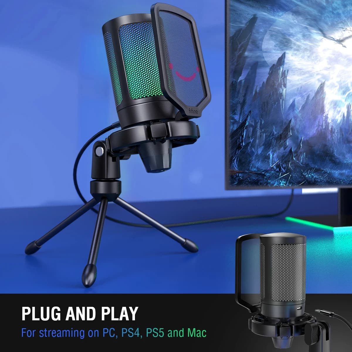 FIFINE USB Gaming Microphone,Condenser MIC with RGB,for PC PS4 PS5 MAC,Suit for Podcasters/Gamers/Influencers/Home Studio — view 2
