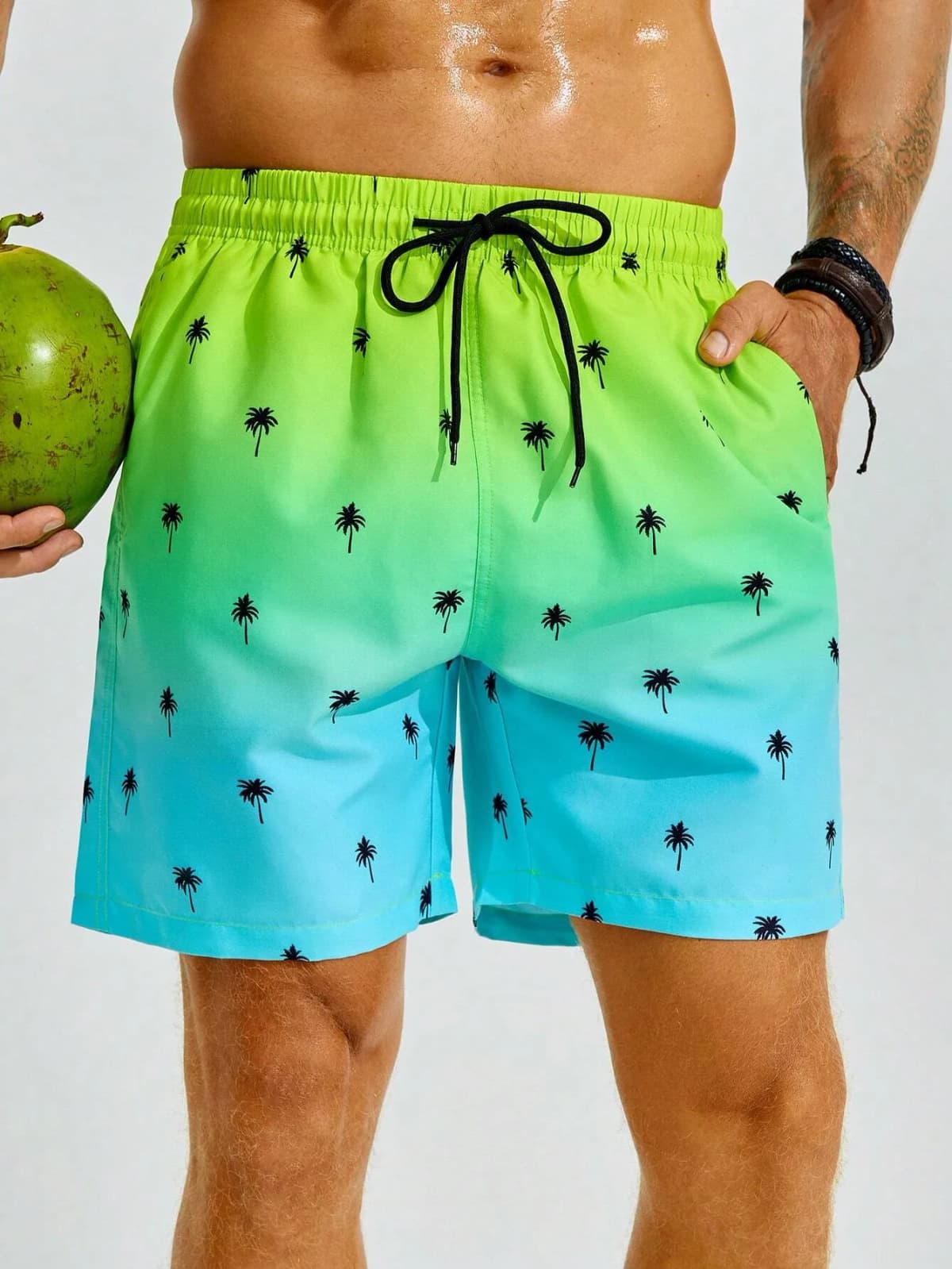 Summer Men's Beach Short Coconut Tree Drawstring Men's swim Trunks Elastic Waist 3D Print Gradient Breathable Short Streetwear — view 2