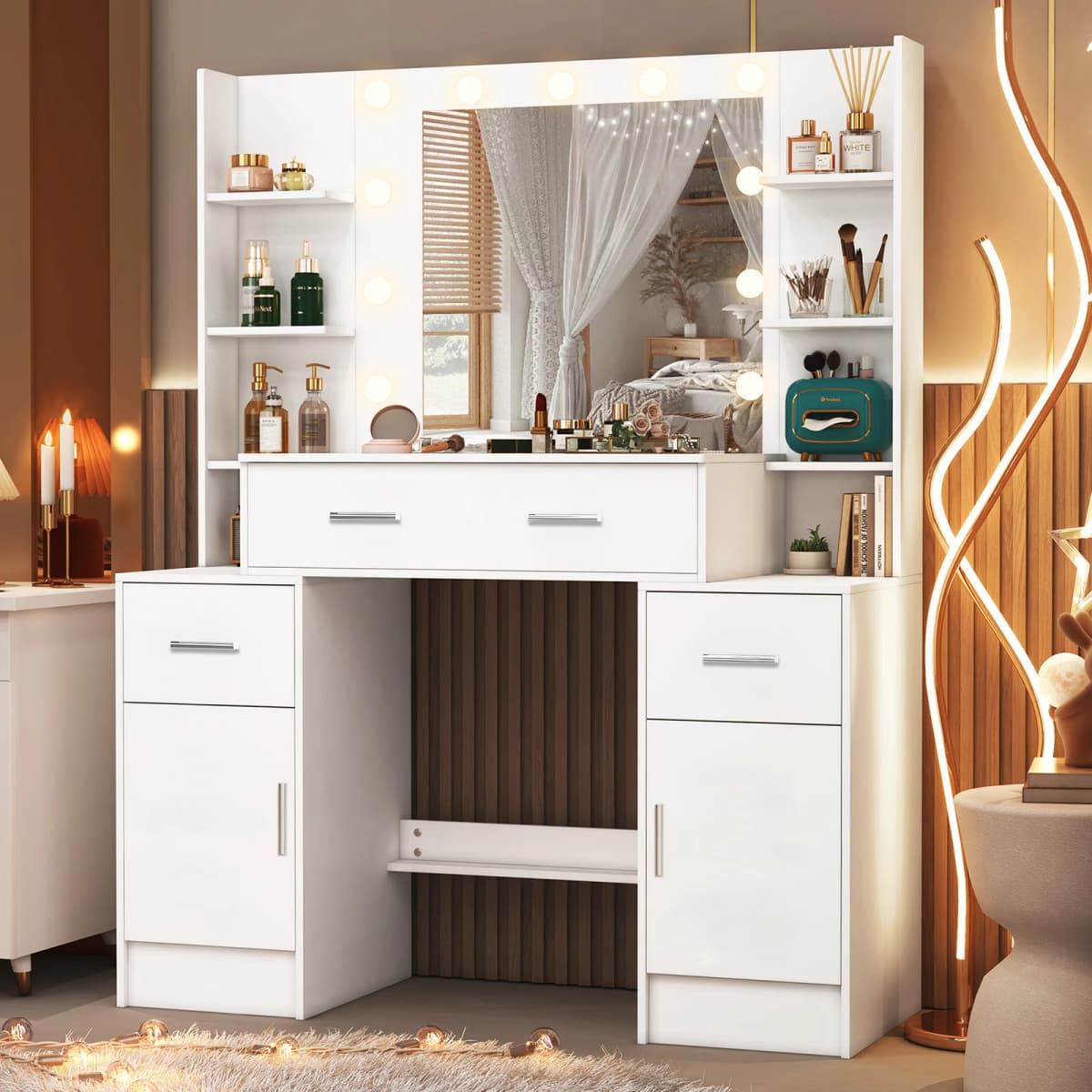 Teousev White Wood Vanity Table Set, 3 Light Modes Adjustable LED Bulbs Mirror, 3 Drawers 2 Cabinets Bedroom Dresser — view 2
