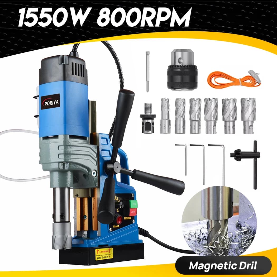 PORIYA Magnetic Drill 1550W 2922lbf/13000N Portable Mag Drill Press 500RPM 6 Bits Blue