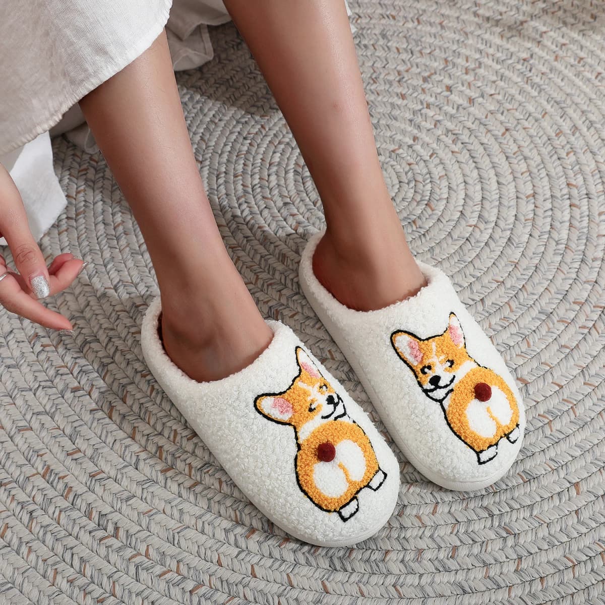 Corgi Dog Pet Pattern Embroidered Plush Home Thick-Soled Comfortable Fuzzy Cotton Slippers Cute Warm Non-Slip Indoor Slippers Pet Mom Gift for Dog Lovers Unisex — view 2