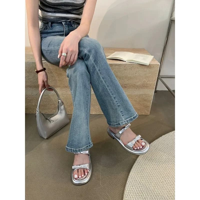 New Summer Women's Slippers 2024 Stylish Peep-toe Low Heel Silver Women's Comfortable Beach Shoes Sapatilas — view 4