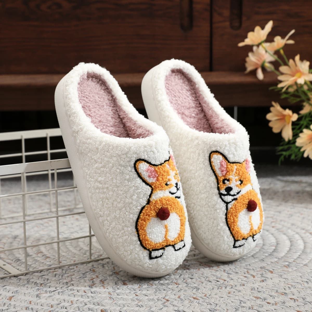 Corgi Dog Pet Pattern Embroidered Plush Home Thick-Soled Comfortable Fuzzy Cotton Slippers Cute Warm Non-Slip Indoor Slippers Pet Mom Gift for Dog Lovers Unisex — view 5