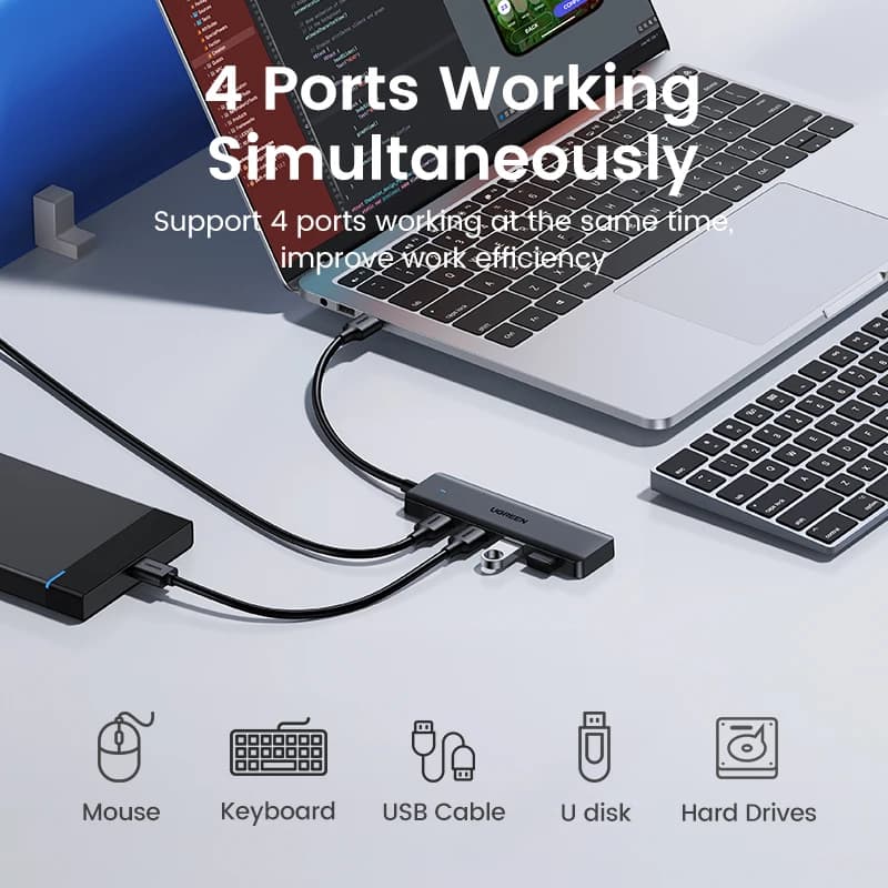 UGREEN USB 3.0 Hub 4 Ports  USB HUB Slim for Mouse Keyboard Compatible with MacBook Pro Air Laptop Desktop PC Xbox PS5 Splitter — view 3