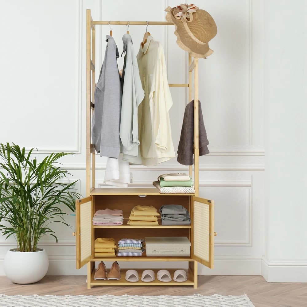 Free Standing Bamboo Clothes Rack Garment Coat Stand Shoe Storage Cabinet Shelf — view 4