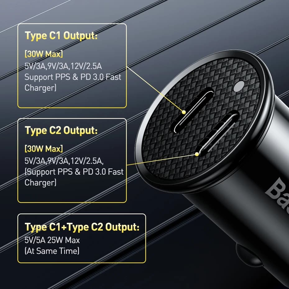 Baseus 30W Dual USB C Car Charger Type C FCP SCP USB PD 3.0 For iPhone 13 14 15 Sumsung Xiaomi Fast Charging Car Phone Charger — view 3