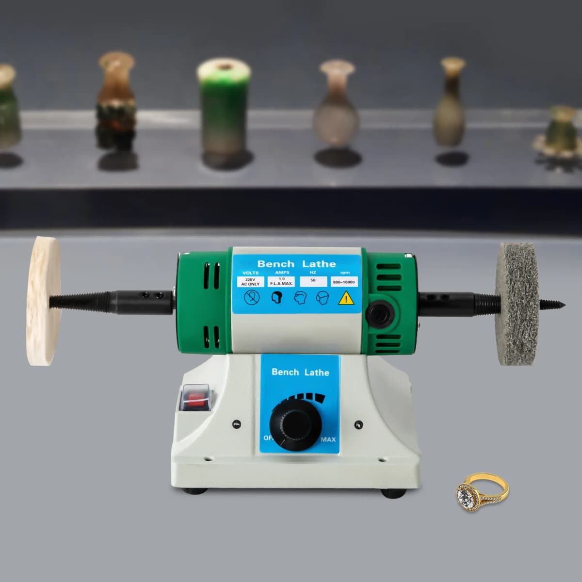 320W AC Polisher Machine Adjustable Variable Speed Multi-function Jewelry Rock Polishing Buffer Bench Lathe with 2 Cloth Wheels — view 3