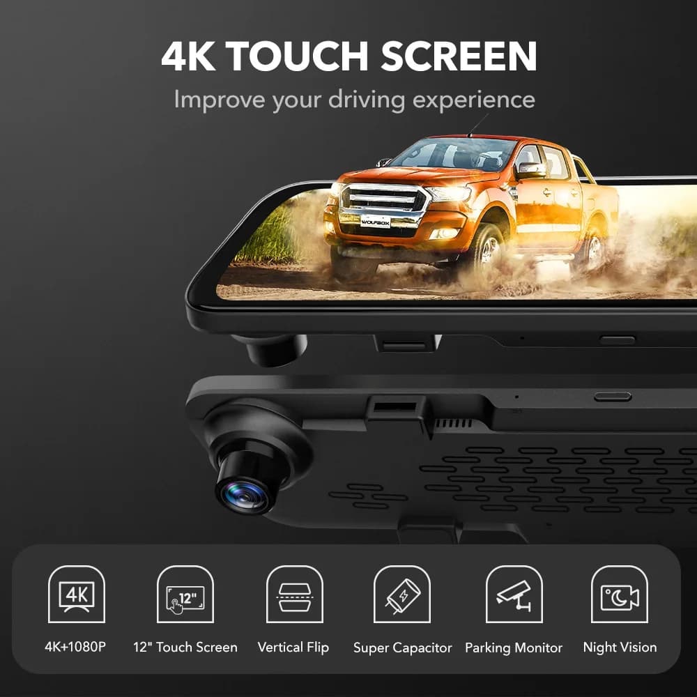 WOLFBOX G840S 12"IPS Dash Camera 4K Rearview Dash Cam GPS Video Recorder Night Vision HD Dual Cameras Car Dvr Parking Monitor — view 2