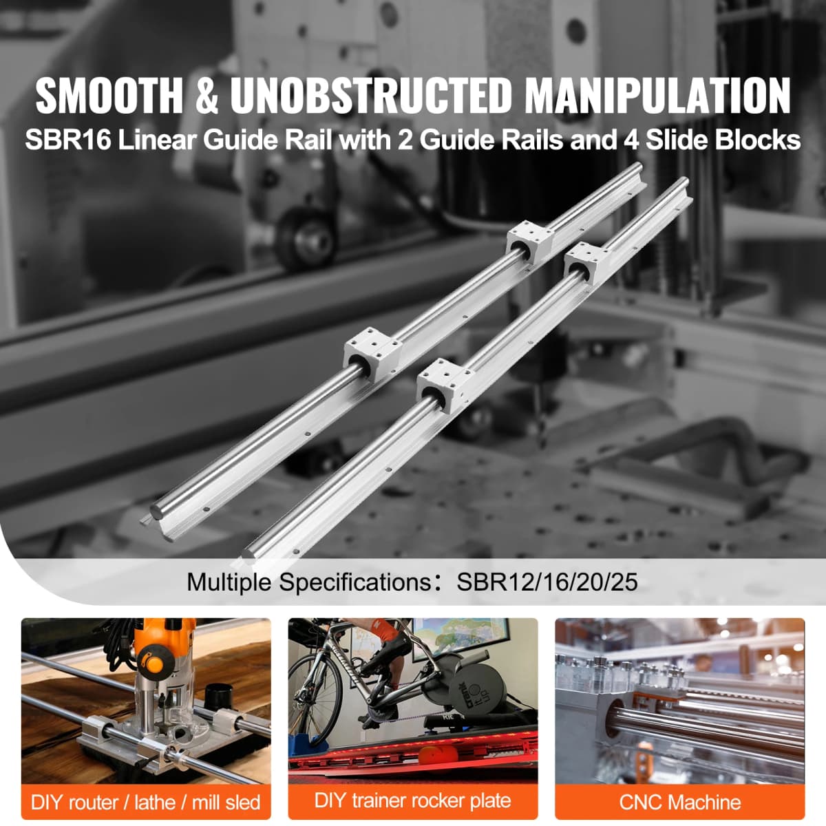 SucceBuy 2PCS Linear Guide Rails SBR16 SBR25 1500-2200mm & 4PCS UU Bearing Blocks Smooth Motion DIY Mills CNC Parts — view 2