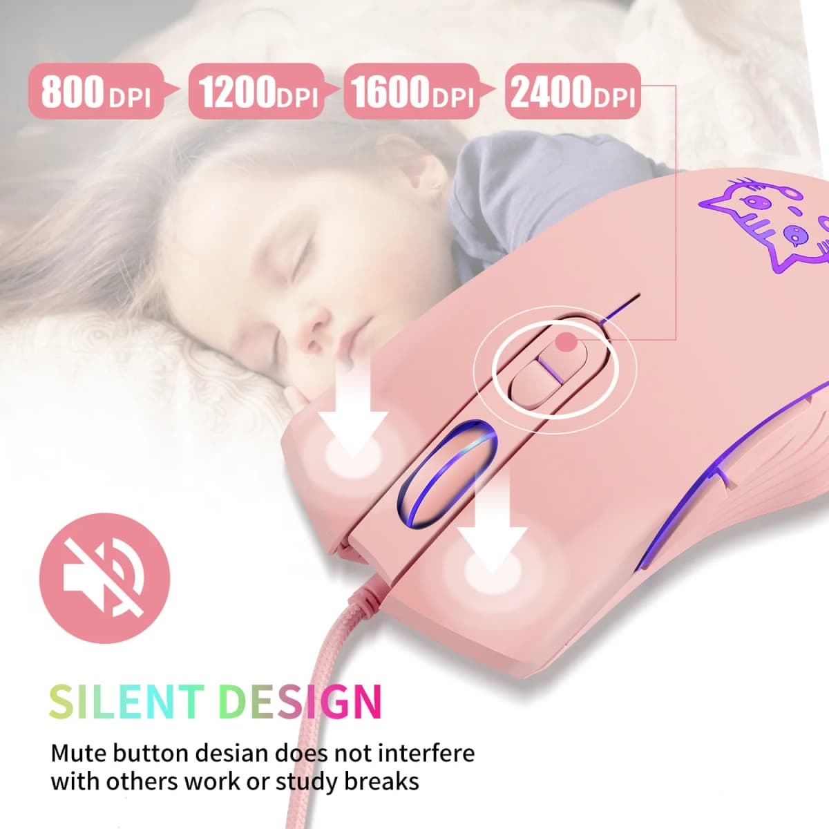 USB Wired Gaming Mouse Pink Computer Professional E-sports Mause 2400 DPI Colorful Backlit Silent Mice for Lol Data Laptop Pc — view 3