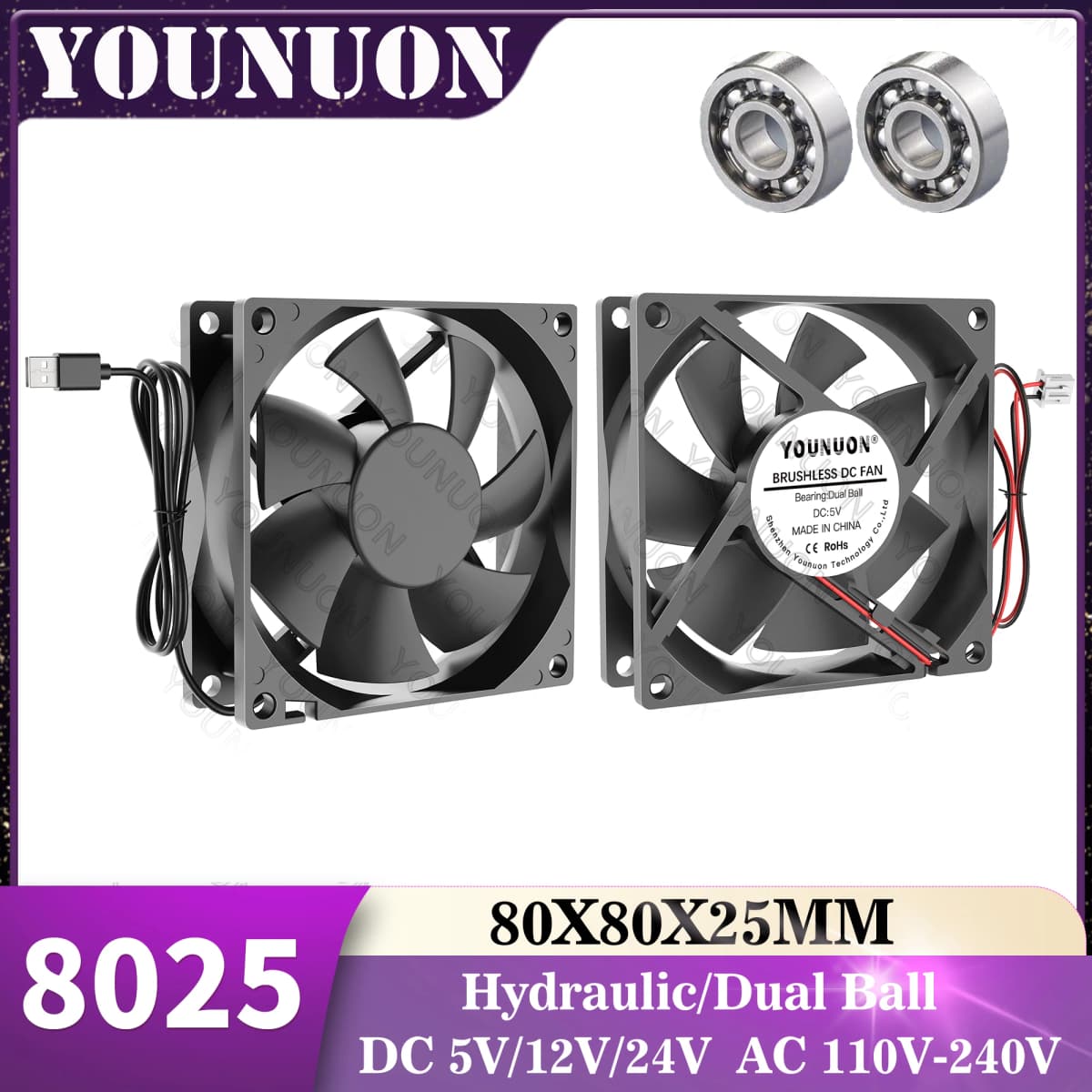 YOUNUN 80mm 8025 80X80X25MM Cooling Fan 5V/12V/24V DC Brushless Cooling Cooler Fan 8025 Sleeve&Dual Ball Bearing Axial Fan