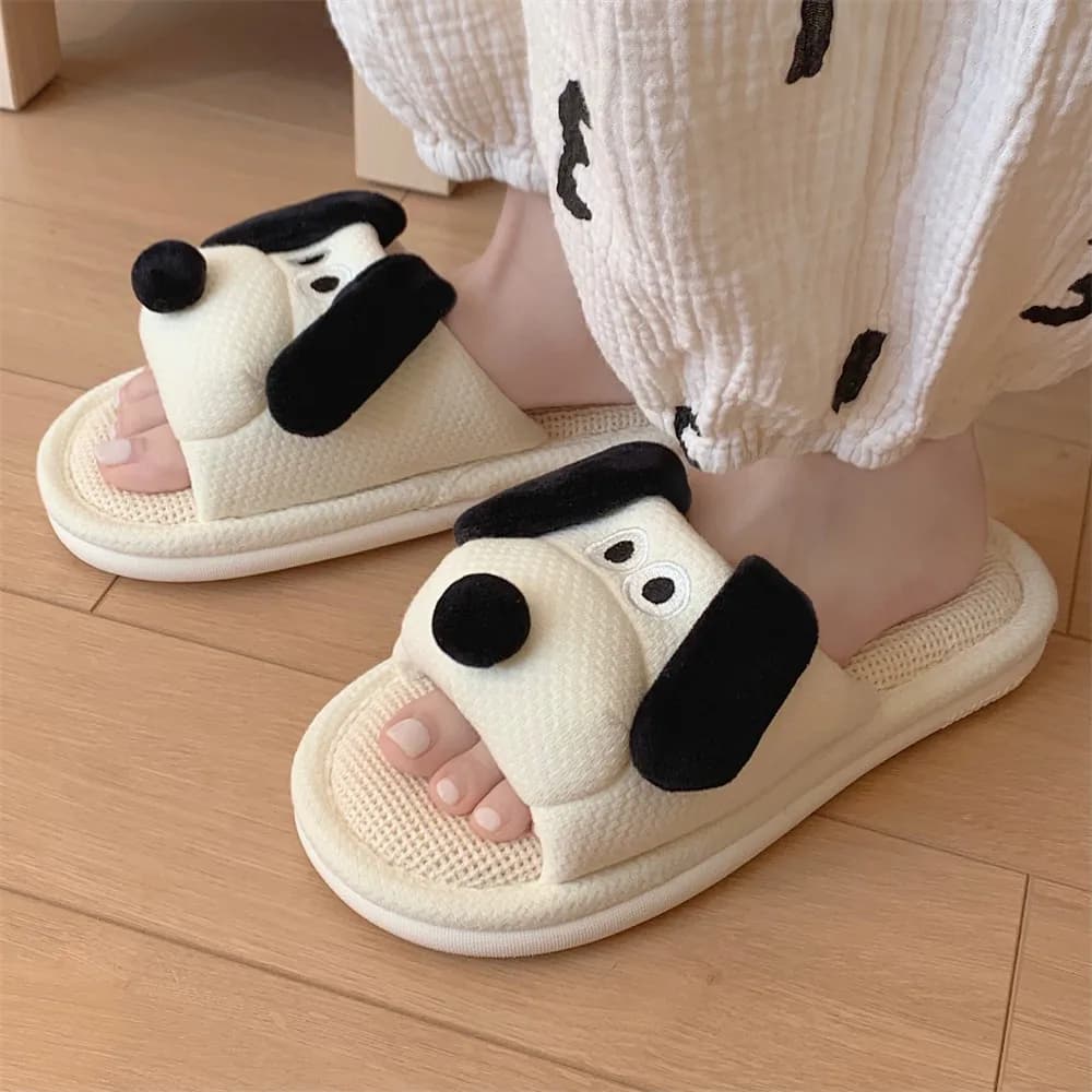 Ladies Soft Sole Casual Couple Style New Shoes Ventilated Comfortable Cute Puppy Pattern Design Non-slip Linen Home Slippers — view 2