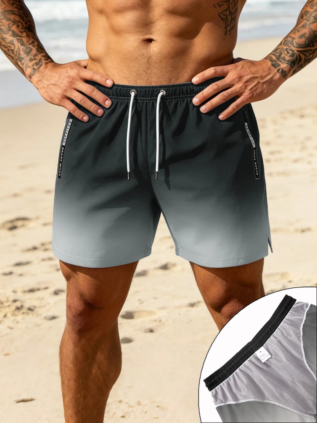 Mens Blue Orange Gradient Color Quick Dry Board Shorts Elastic Drawstring Swim Trunks Summer Beach Casual Outfit — view 5