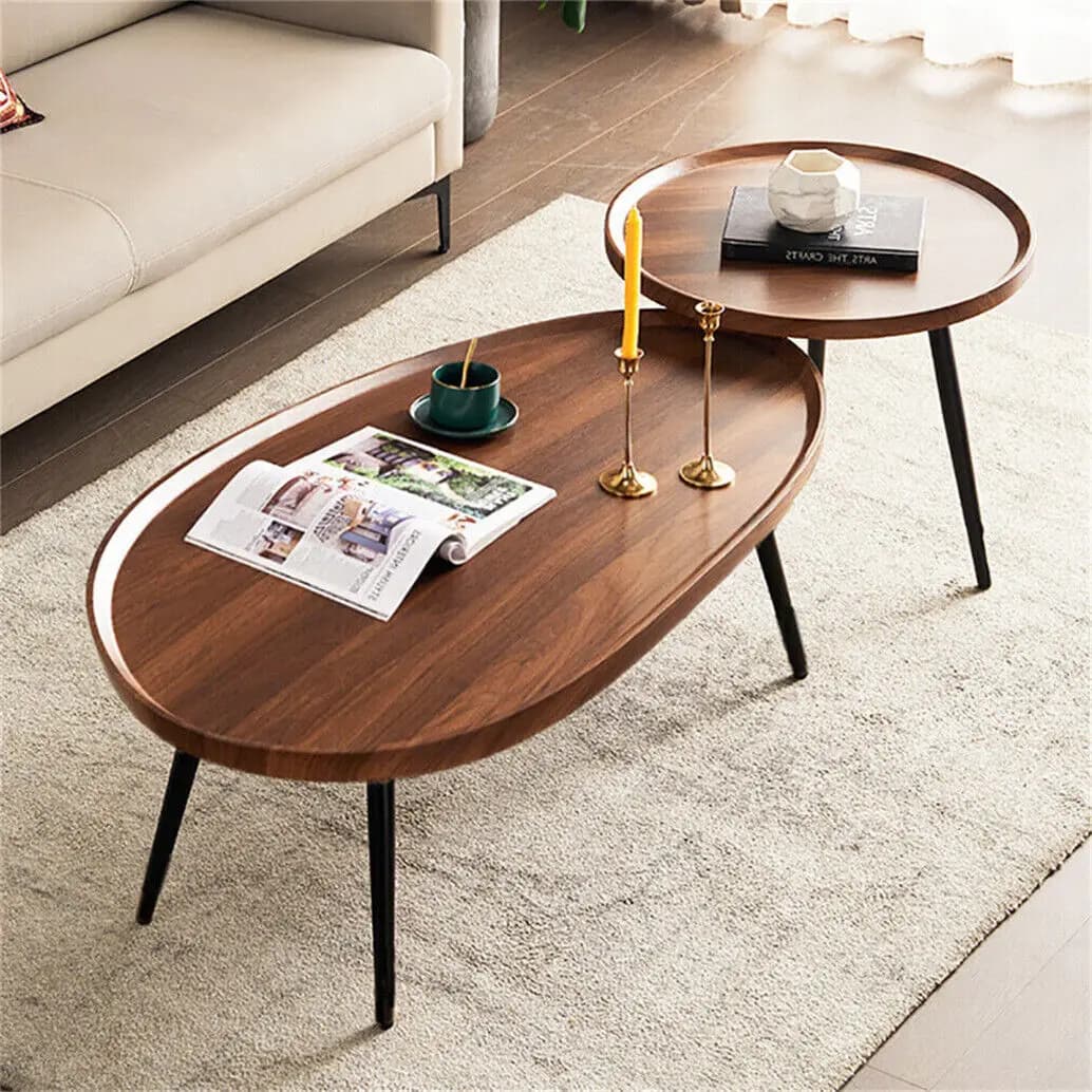 LUVODI Small Irregular Drop-Shaped Coffee Table Set Solid Wooden 2-in-1 Sofa Side End Table with Triangle Legs for Living Room