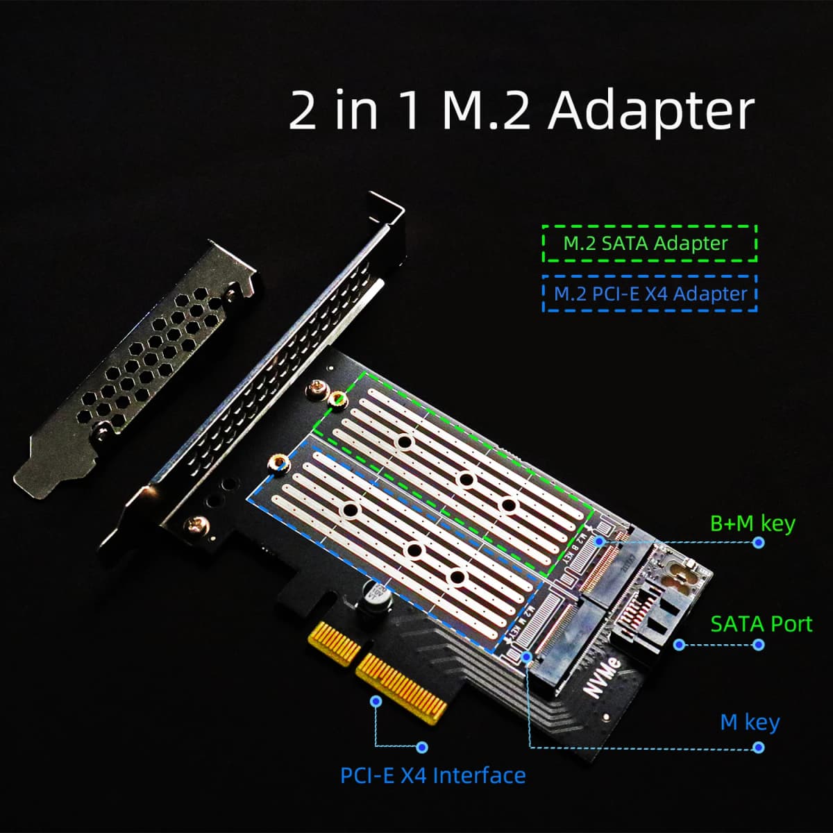 Dual M.2 PCIE NVMe 4.0/3.0 Adapter for M.2 PCIE NVMe SSD and M.2 NGFF SATA SSD — view 2