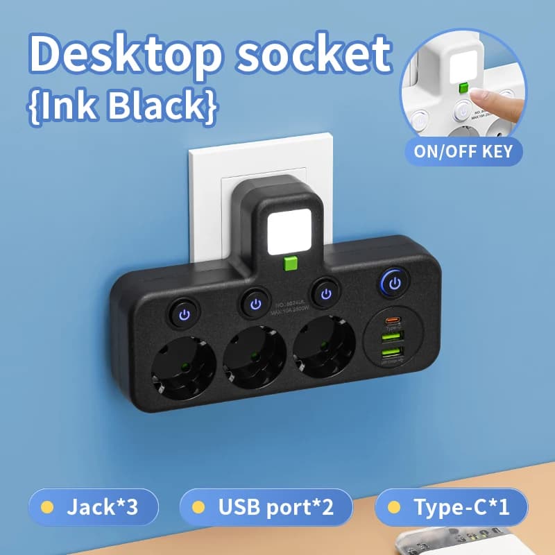 EU Plug Power Strip with 3 AC Outlets Two specifications with or without USB Type-C port Wall Charger for Home Office — view 2