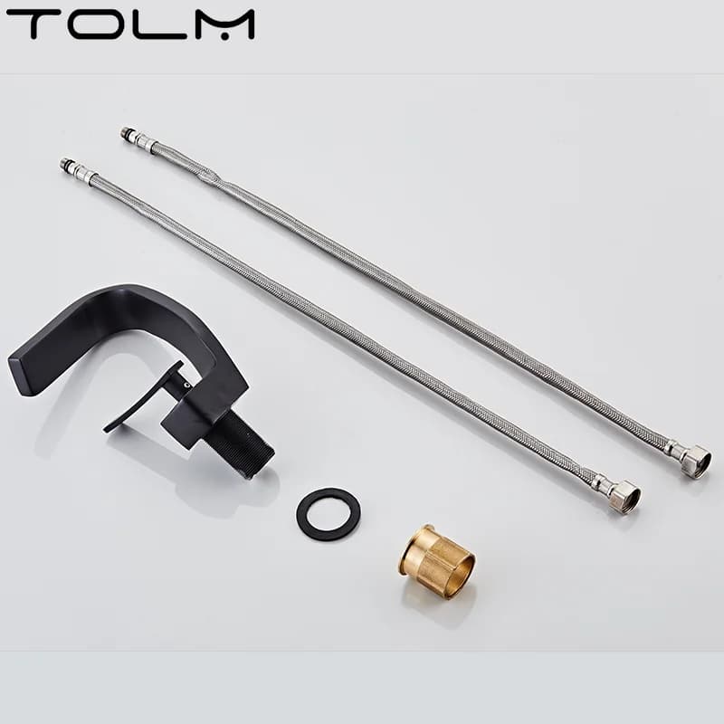 TOLM Brass Black Gold Basin Faucet Bathroom Sink Faucets Hot Cold Water Mixer Crane Deck Mounted Single Handle Hole Bath Kitchen — view 5