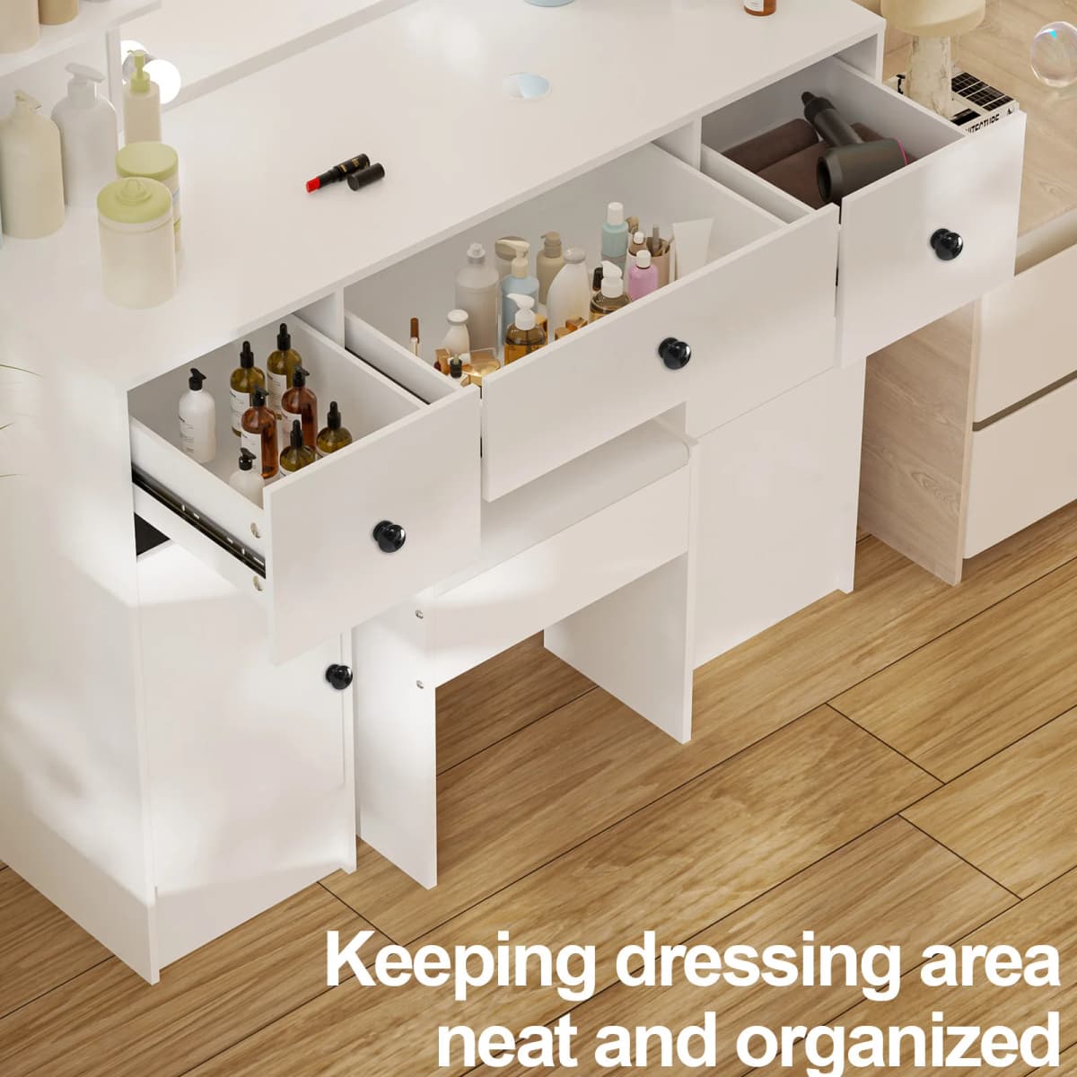 White Modern Vanity Set, LED Lighted Mirror, 3 Color Dimmable, 5 Drawers & Stool, Bedroom Dresser — view 6
