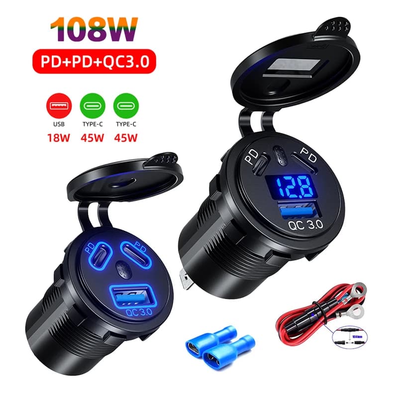 12V/24V USB Outlet 108W 3 Ports Car Charger Socket Dual 45W PD Type C & 18W QC 3.0 Motorcycle Socket Power Outlet Charge Adapter