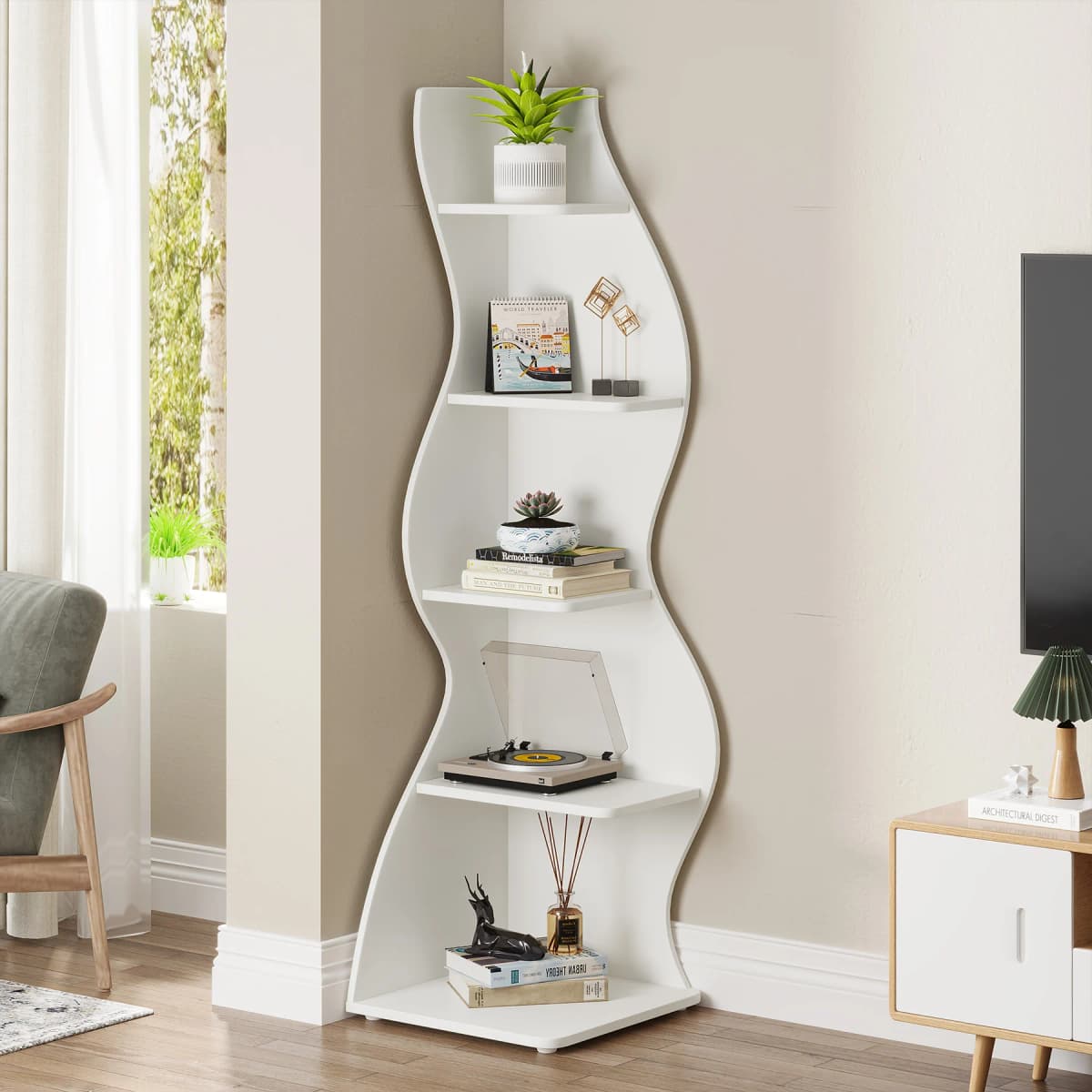 Tribesigns Modern 5-Tier Wall Corner Bookshelf, Stylish Corner Small Bookcase Storage Rack Plant Stand with Unique