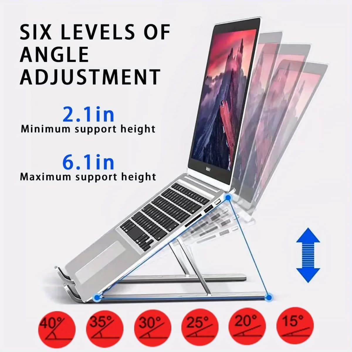 Adjustable Aluminum Laptop Stand - 6-Level Height, Foldable & Portable Design For 8-16” Laptops, Enhanced Ventilation & Heat — view 3