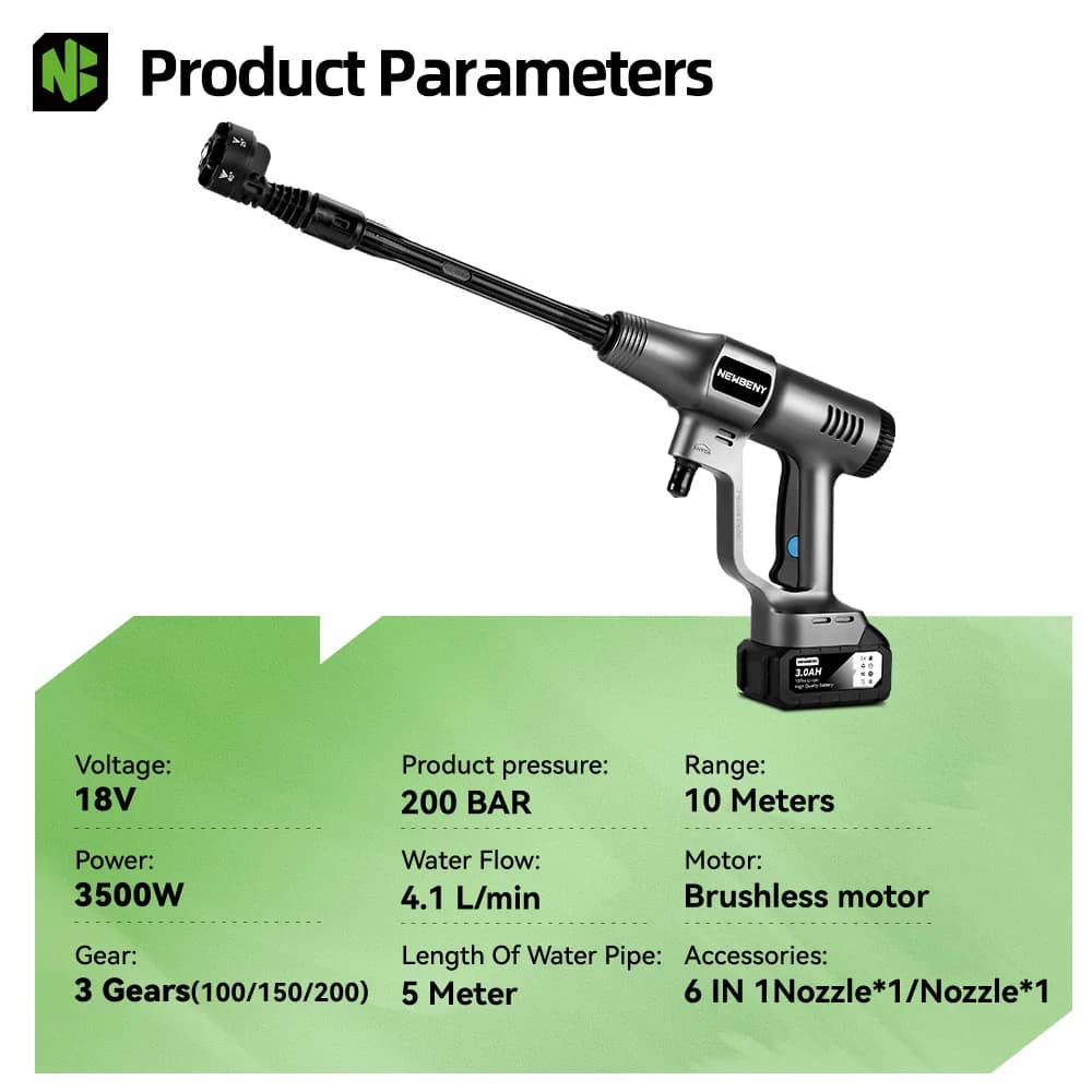 NEWBENY 3500W 200Bar Brushless High Pressure Car Water Gun Cordless Electric Spray Gun Garden Tool For Makita 18V Battery Pin — view 2