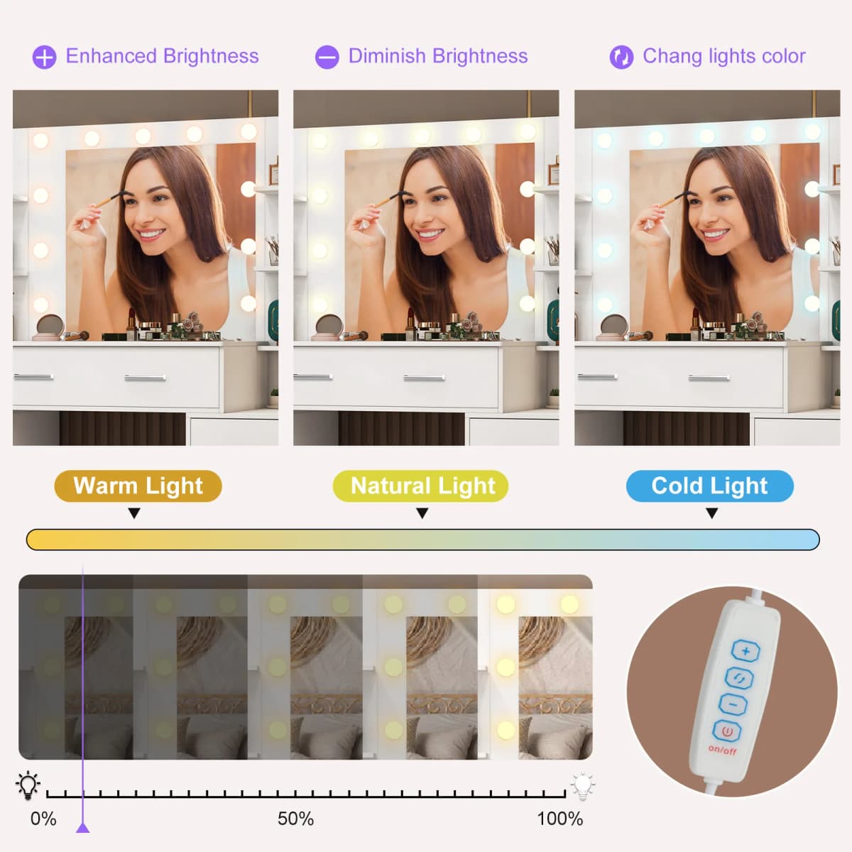 Teousev White Wood Vanity Table Set, 3 Light Modes Adjustable LED Bulbs Mirror, 3 Drawers 2 Cabinets Bedroom Dresser — view 4