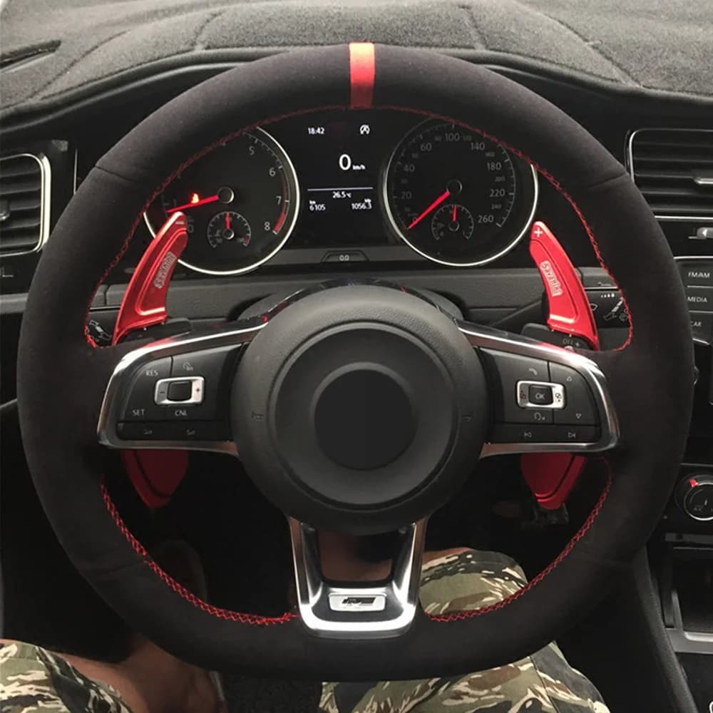 Car Steering Wheel Cover Black Genuine Leather Suede For Volkswagen VW Golf 7 GTI Golf R MK7 VW Polo GTI Scirocco 2015 2016 — view 3