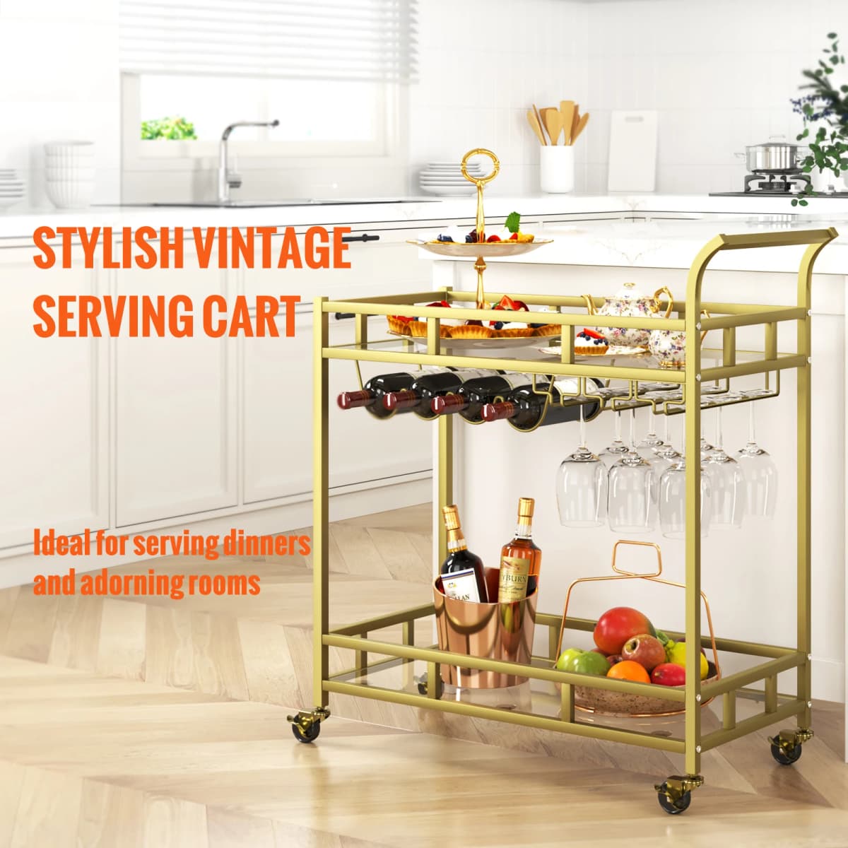 SucceBuy Bar Cart Gold Home Bar Serving Cart on Lockable Wheels with Tempered Glass Shelves for Home Kitchen Dining Living Room — view 2