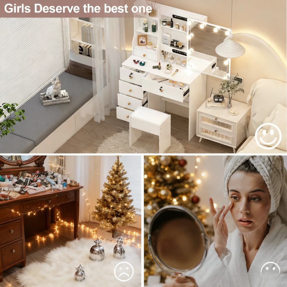 Teousev 10 LED Lighted Vanity Set with Mirror & Stool, 3 Color Modes, 7 Drawers Storage, Easy Install Makeup Dressing Table — view 3