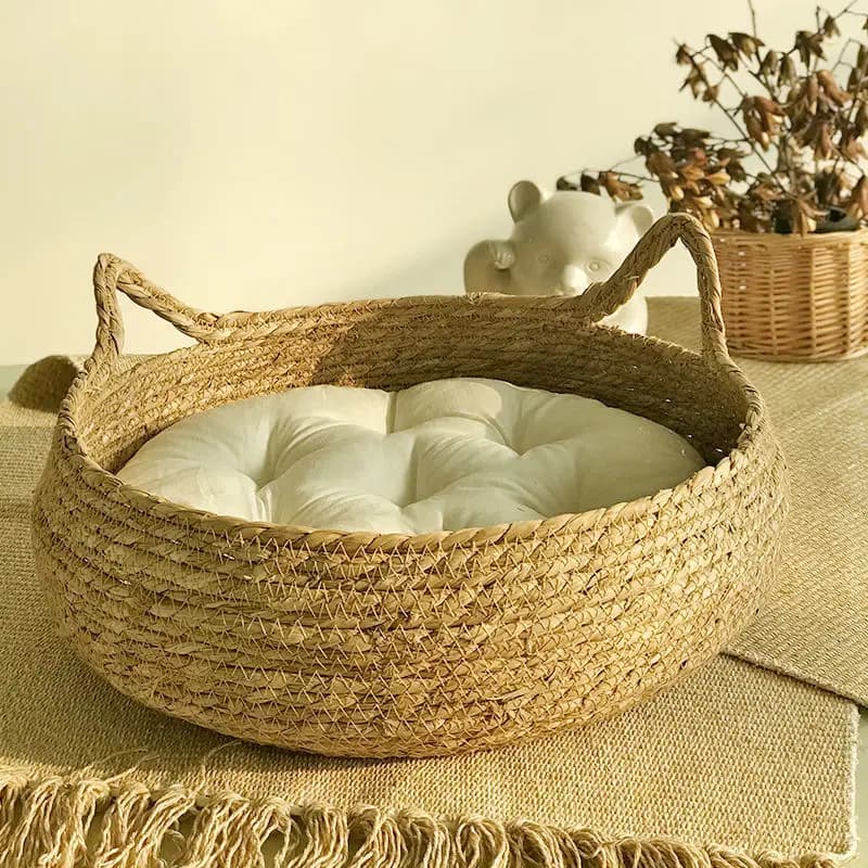 OUZEY Rattan Weaving Cat Basket Pet Cat Bed With Cushion Soft Warm Puppy Kitten Bed Donut Round Comfortable Sleeping Cat House — view 4