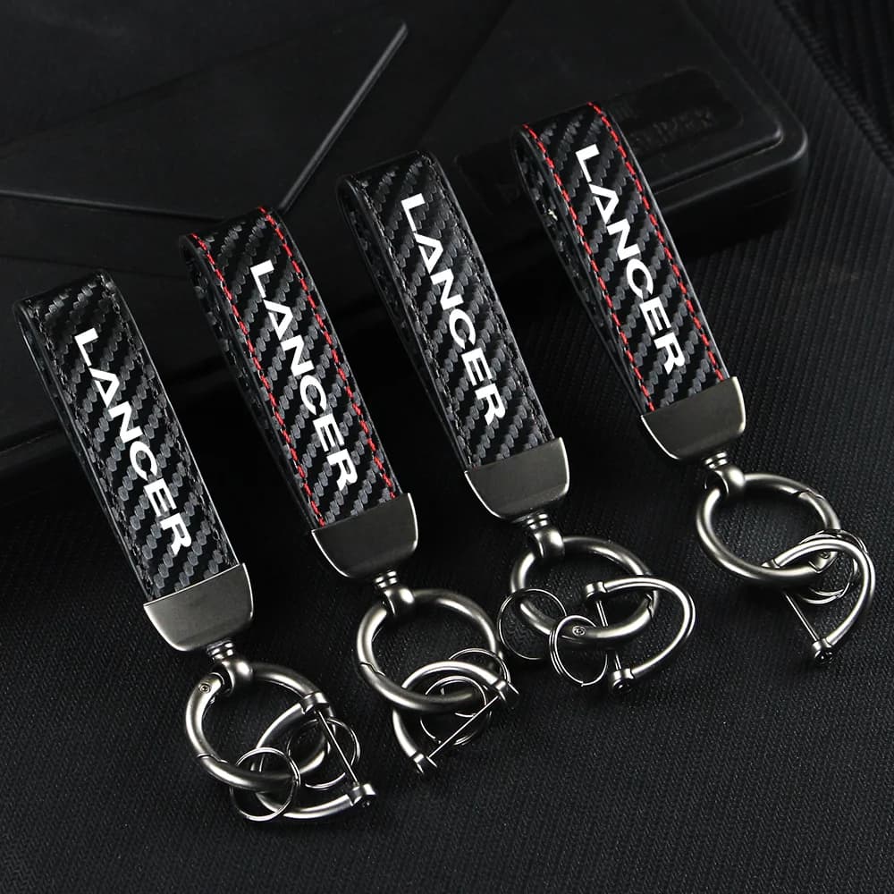 Carbon Fiber Leather Rope Car Keychain Alloy Key Chain Pendant Keyring Horseshoe Buckle for LANCER OUTLANDER PAJERO Accessories — view 2