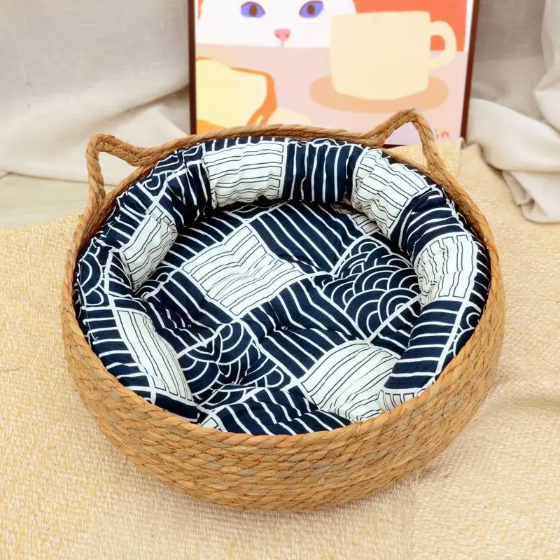 OUZEY Rattan Weaving Cat Basket Pet Cat Bed With Cushion Soft Warm Puppy Kitten Bed Donut Round Comfortable Sleeping Cat House — view 2