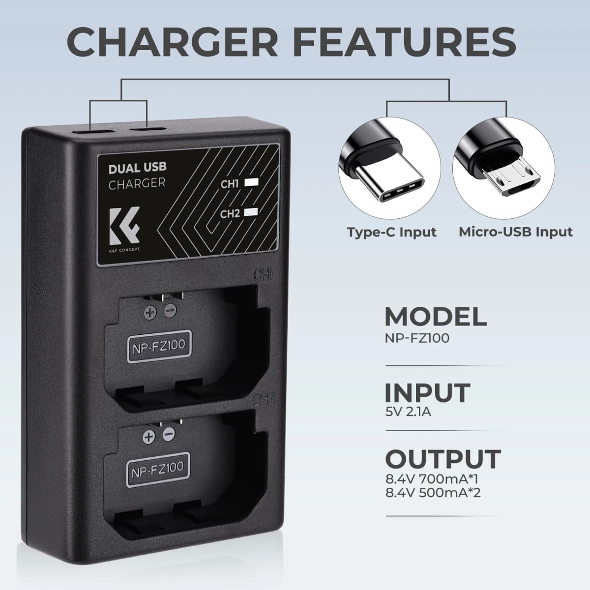K&F Concept NP-FZ100 NP FZ100 Camera Battery Charger For Sony Camera A9 A7M4 A7R5 A7C ZVE1 A6700 A7III A7 III FX30 — view 3