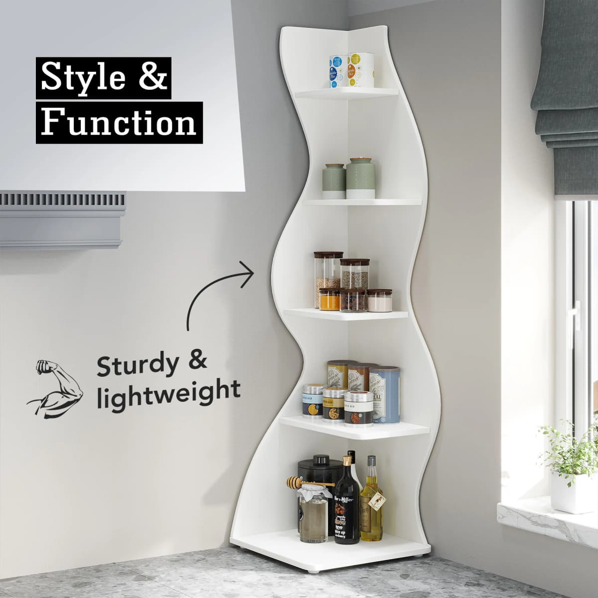 Tribesigns Modern 5-Tier Wall Corner Bookshelf, Stylish Corner Small Bookcase Storage Rack Plant Stand with Unique — view 3