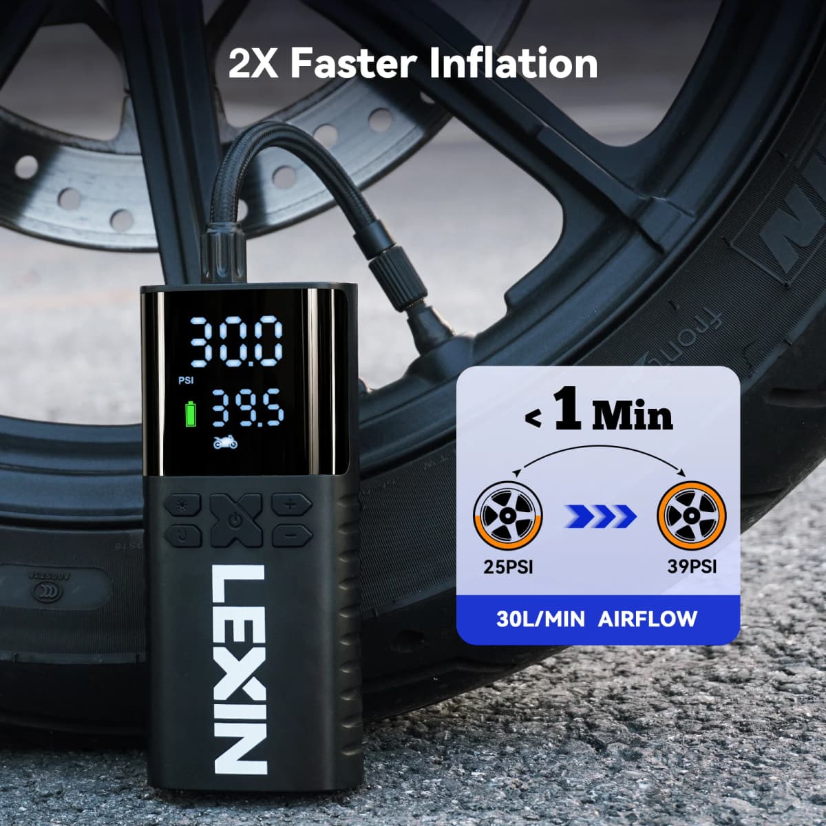 Lexin P4 Smart Air Pump 4000mAh for Motorcycles Tire Inflator Bicycle Boat with LED Digital&Preset Pressure Inflation — view 4
