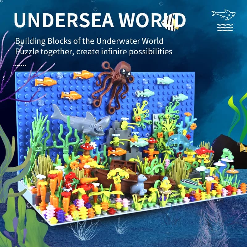 MOC Building Blocks Underwater World Creative Blocks Set Cute Animals Shark Octopus Seaweed Animal City Bricks Parts Kids Toys — view 4