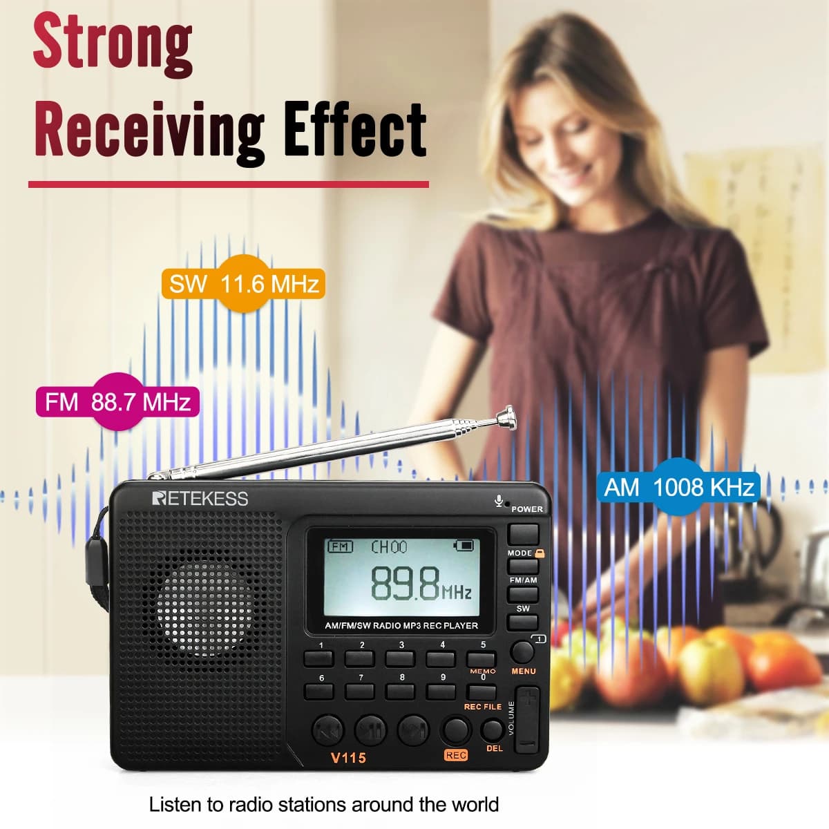 RETEKESS V115 Radio FM AM SW Portable Radios Rechargeable  Radio Batteries multiple bands  USB Recorder Speaker for Elders TX32 — view 5