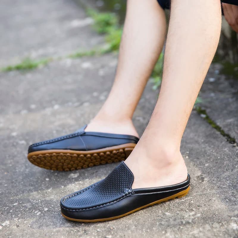 Summer Men Casual Loafers Fashion Breathable Genuine Leather Slippers Outdoor Light Mules Cool Half Shoes Italian Design Sandals — view 5