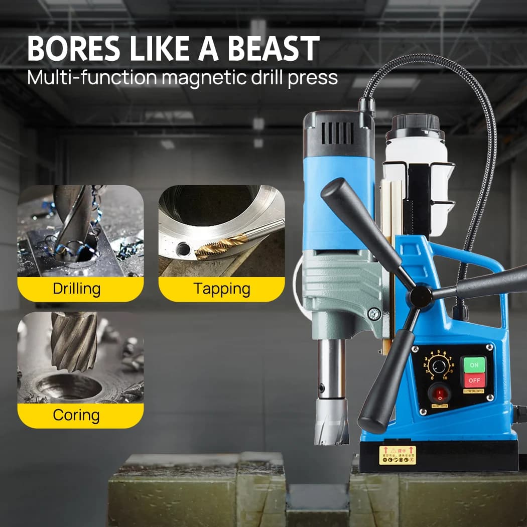 PORIYA Magnetic Drill 1550W 2922lbf/13000N Portable Mag Drill Press 500RPM 6 Bits Blue — view 3