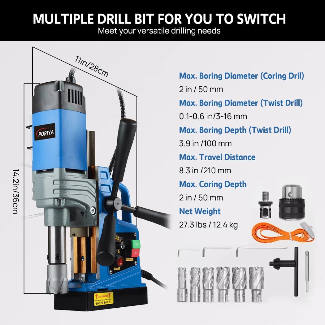 PORIYA Magnetic Drill 1550W 2922lbf/13000N Portable Mag Drill Press 500RPM 6 Bits Blue — view 2