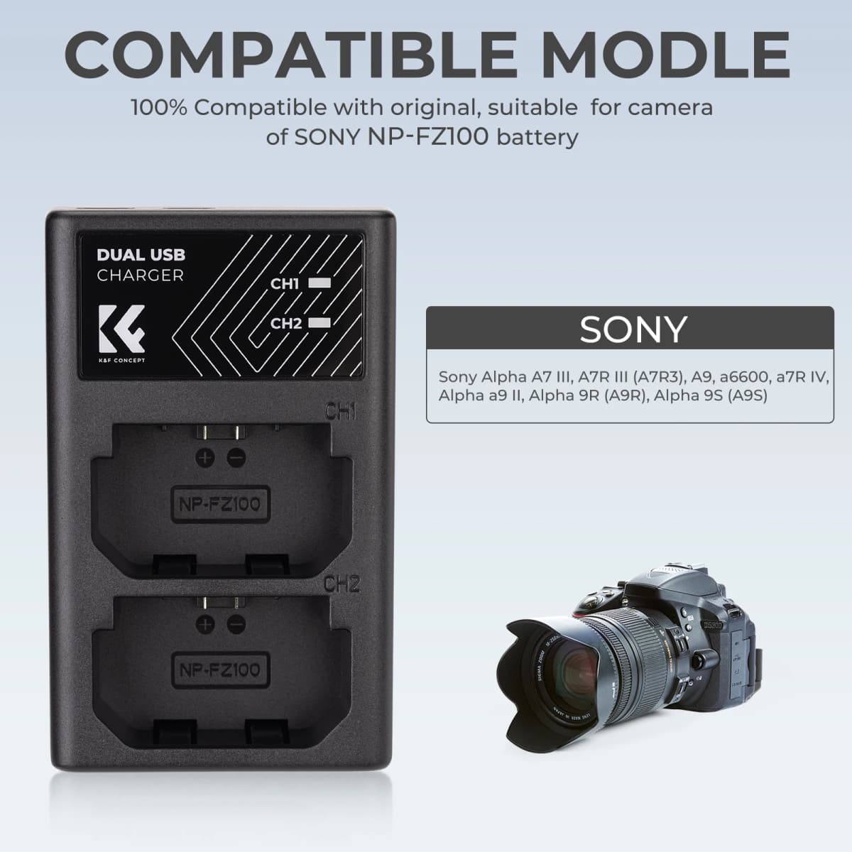 K&F Concept NP-FZ100 NP FZ100 Camera Battery Charger For Sony Camera A9 A7M4 A7R5 A7C ZVE1 A6700 A7III A7 III FX30 — view 5