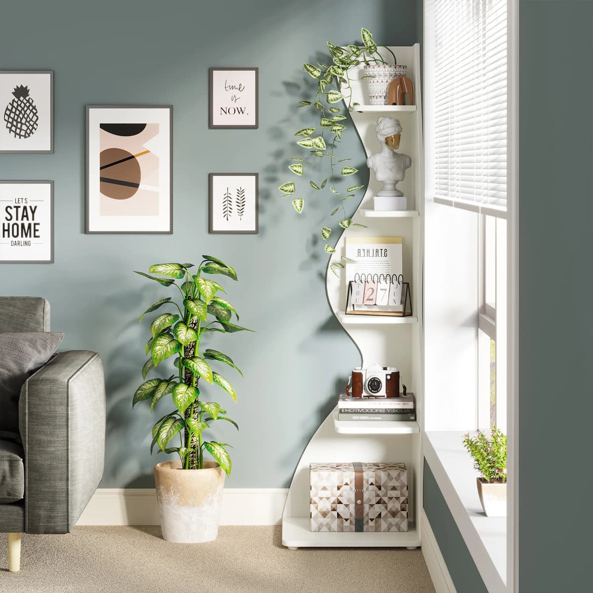 Tribesigns Modern 5-Tier Wall Corner Bookshelf, Stylish Corner Small Bookcase Storage Rack Plant Stand with Unique — view 4