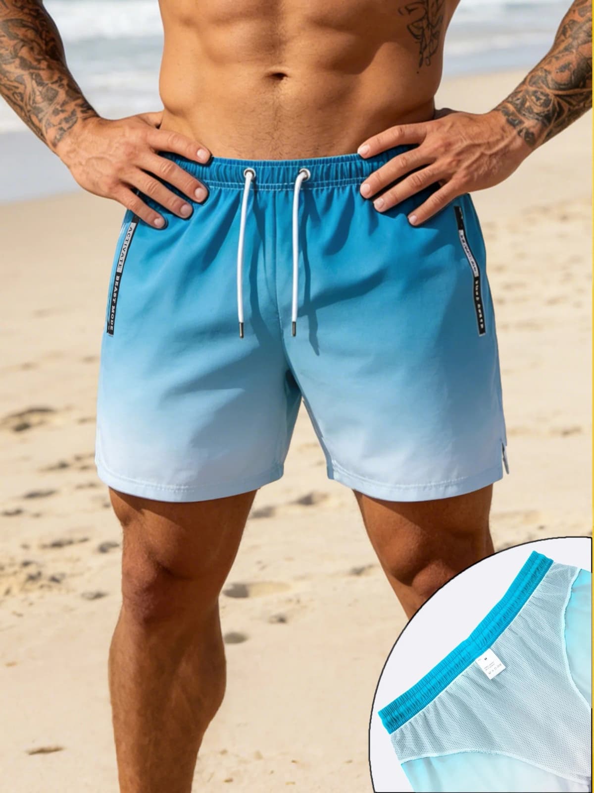 Mens Blue Orange Gradient Color Quick Dry Board Shorts Elastic Drawstring Swim Trunks Summer Beach Casual Outfit